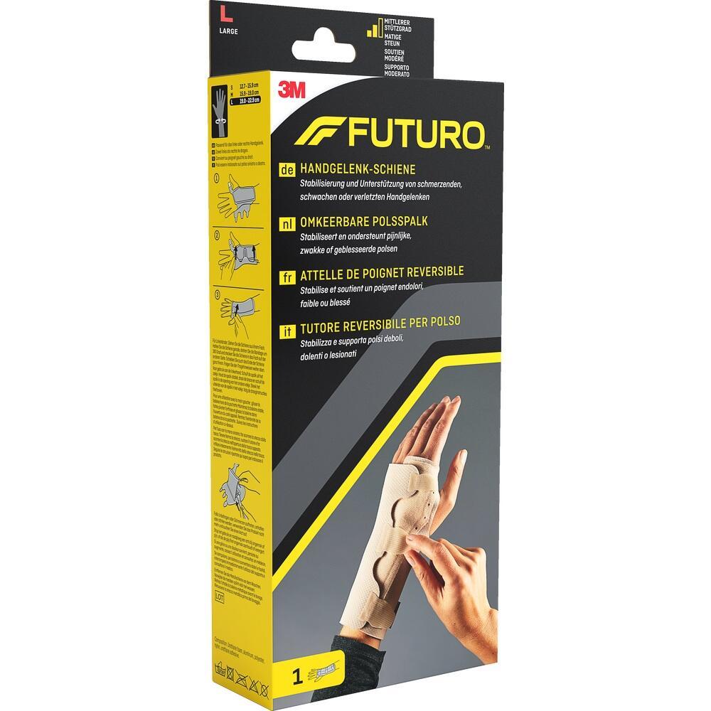 Gelbe Verpackung einer Futuro-Handgelenkschiene zur Stabilisierung.