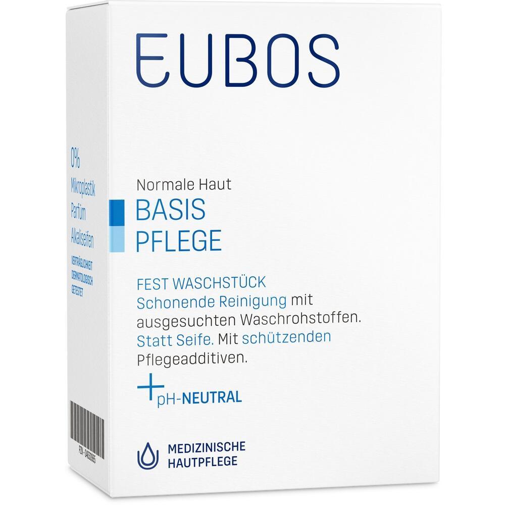 Wei&szlig;e Verpackung mit blauer Aufschrift, EUBOS Basispflege f&uuml;r normale Haut.