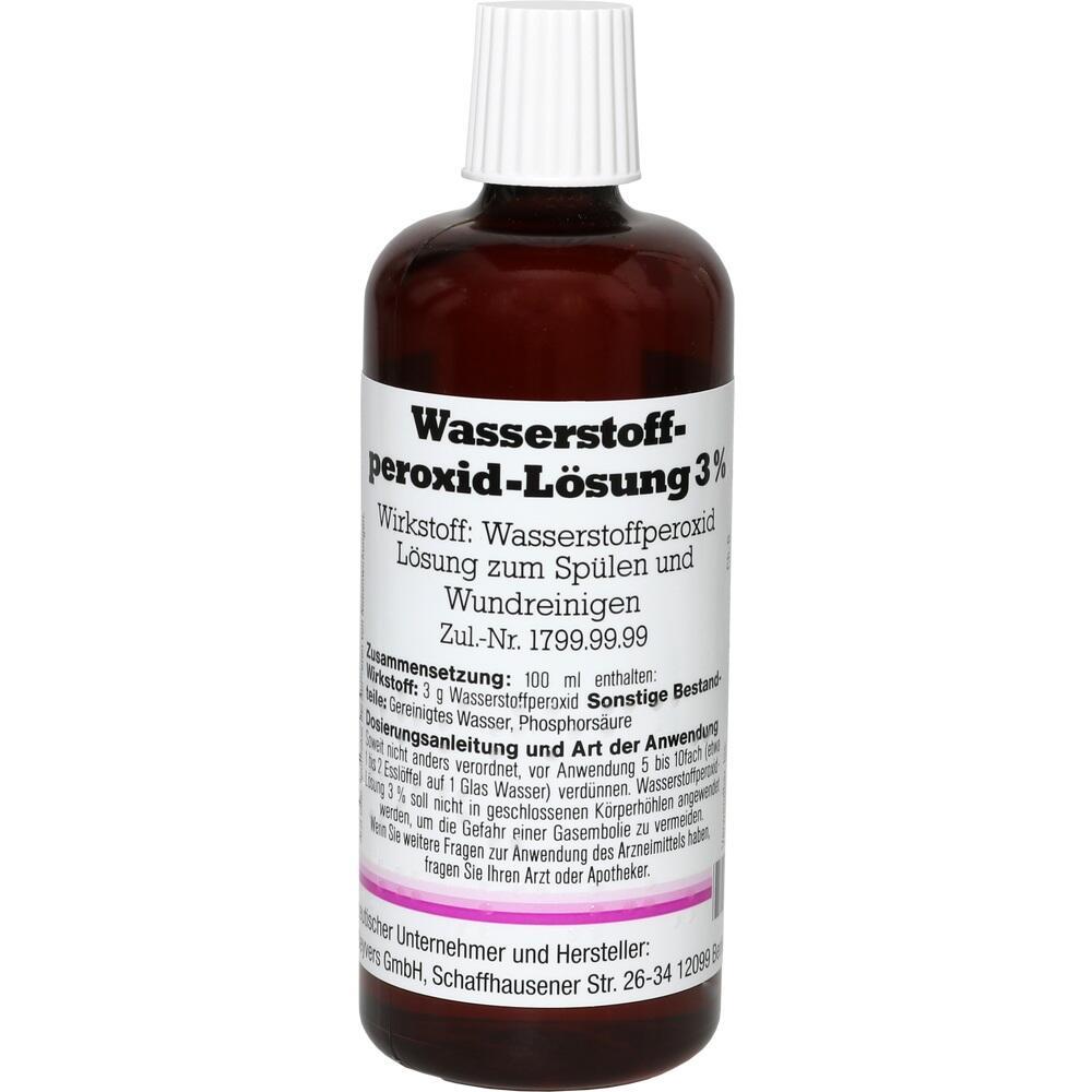 Braune Flasche mit Etikett "Wasserstoffperoxid-L&ouml;sung 3%".