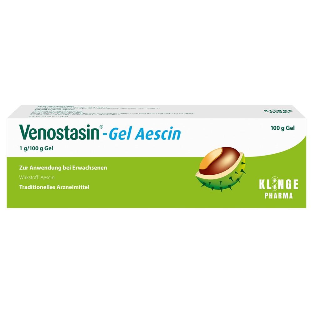 Wei&szlig;e Tube "Venostasin-Gel Aescin" mit gr&uuml;nem Bereich und Kastanienbild.