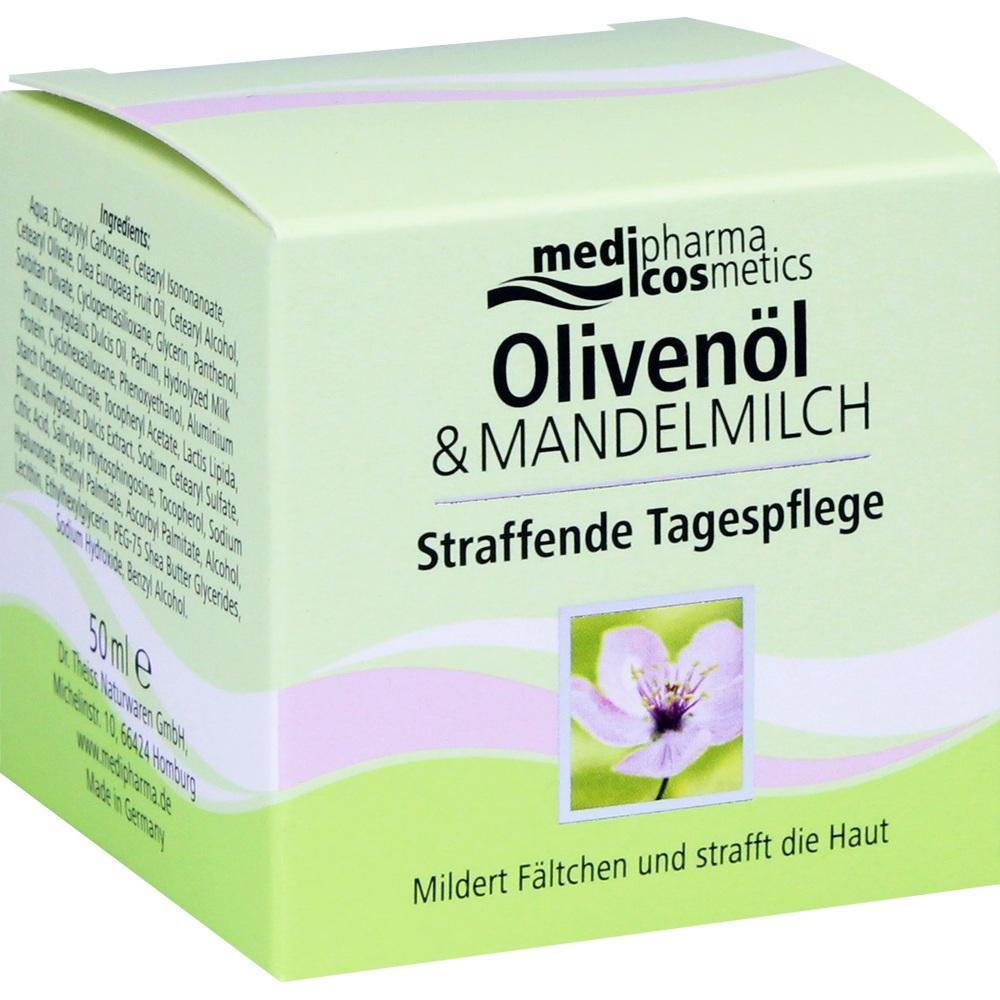 Eine Verpackung von Olivenöl- und Mandelmilch-Tagespflege mit einem Blumenbild auf der Vorderseite.