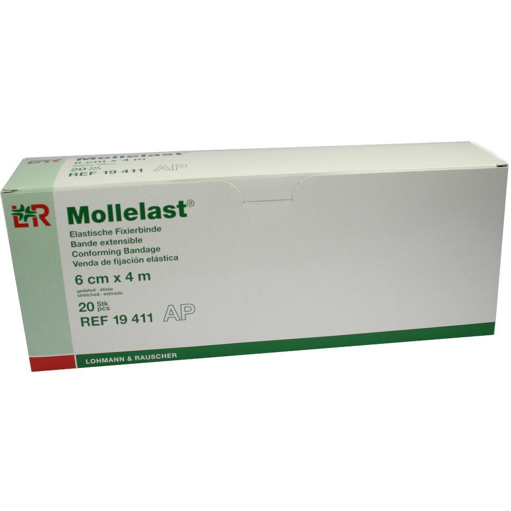 Eine weiße Verpackung mit elastischen Fixierbinden der Marke Mollelast.