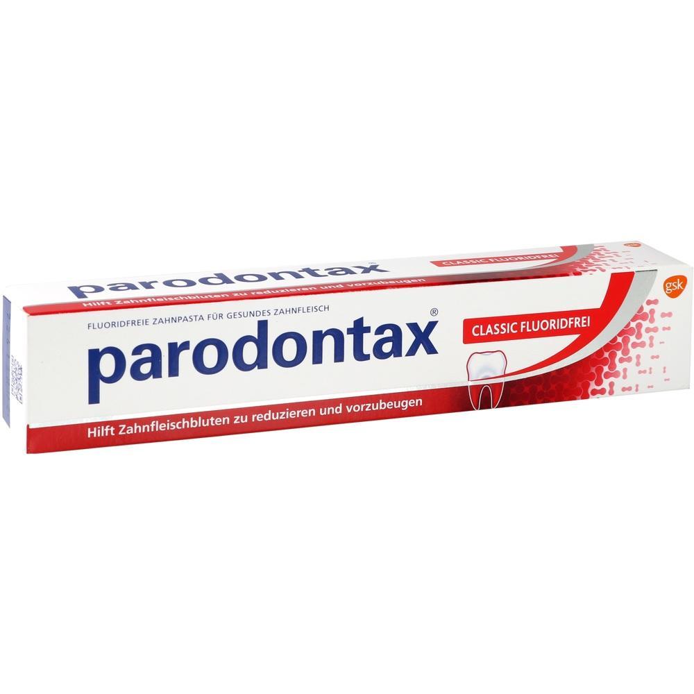 Wei&szlig;e Schachtel mit Parodontax-Zahnpasta, fluoridfrei, gegen Zahnfleischbluten.