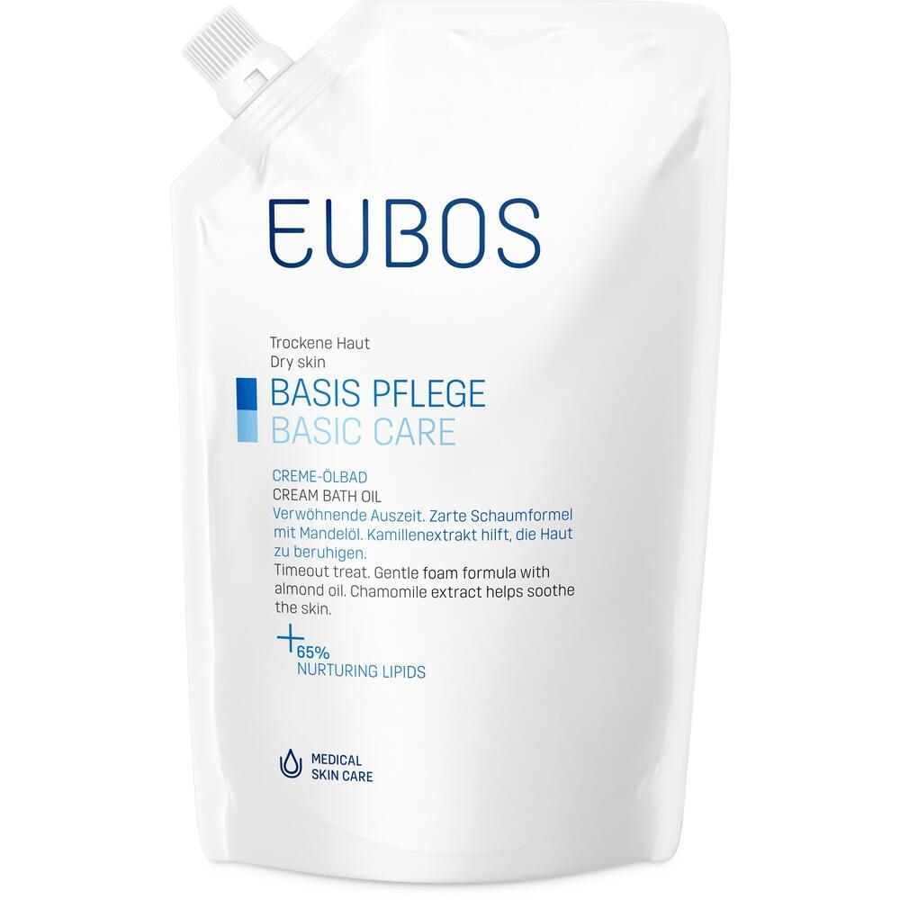 Wei&szlig;er Beutel mit Bade&ouml;l f&uuml;r trockene Haut, Marke EUBOS, und blauer Schrift.