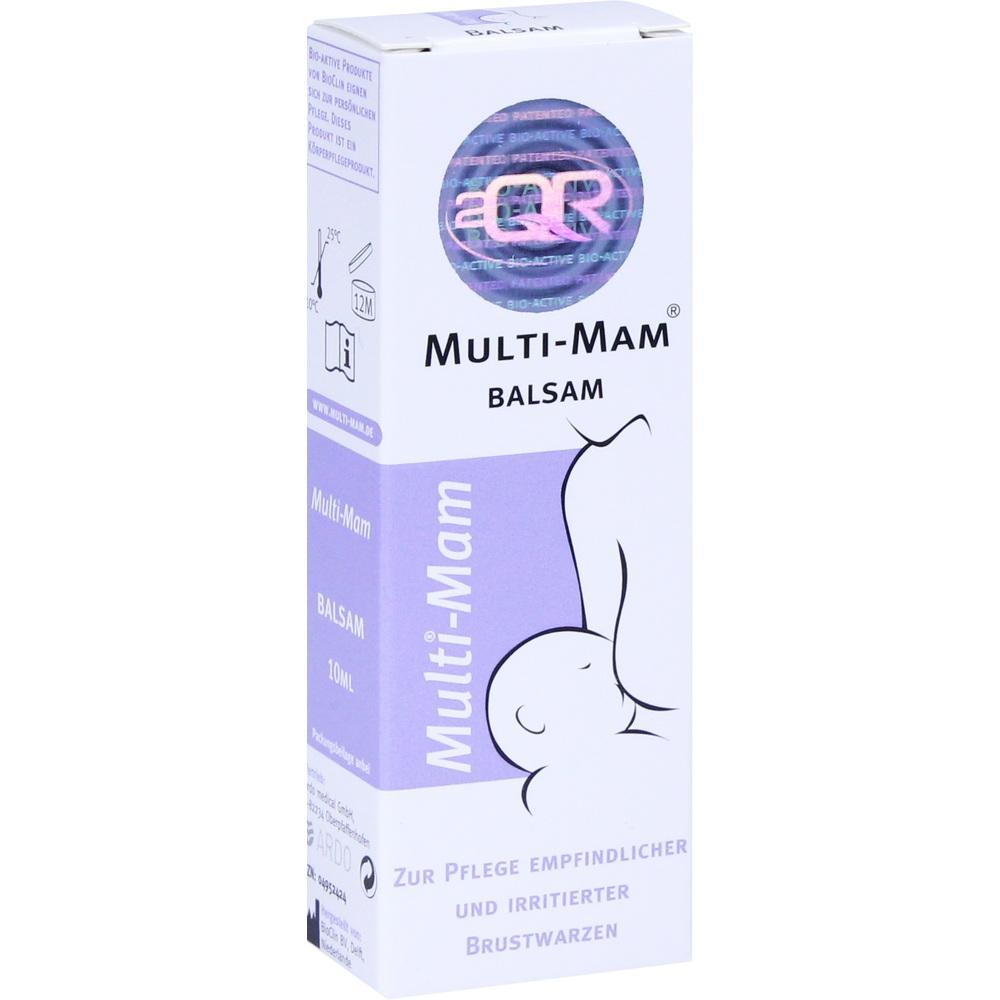 Wei&szlig;e Verpackung eines Balsams mit lila Baby-Illustration und Text: "Multi-Mam Balsam".
