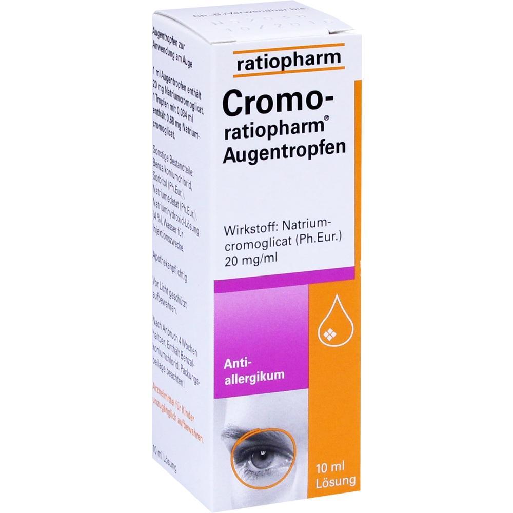 Verpackung von Augentropfen gegen Allergien mit violett-orangem Design.