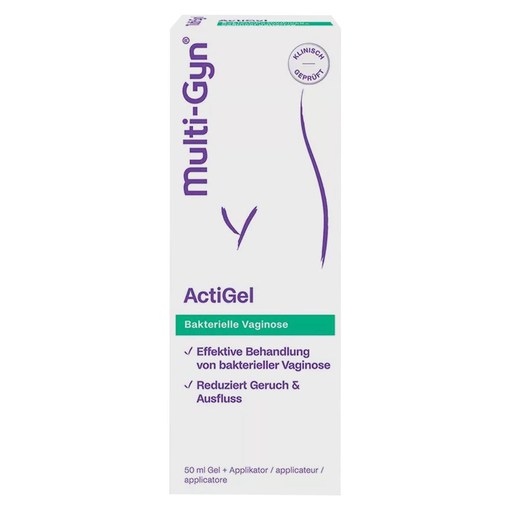 Wei&szlig;e Packung von Multi-Gyn ActiGel zur Behandlung von bakterieller Vaginose.