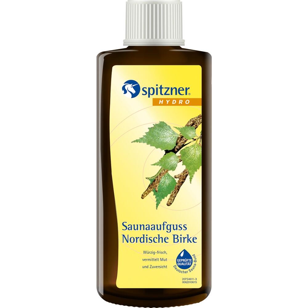 Braune Flasche mit dem Etikett "Saunaaufguss Nordische Birke".