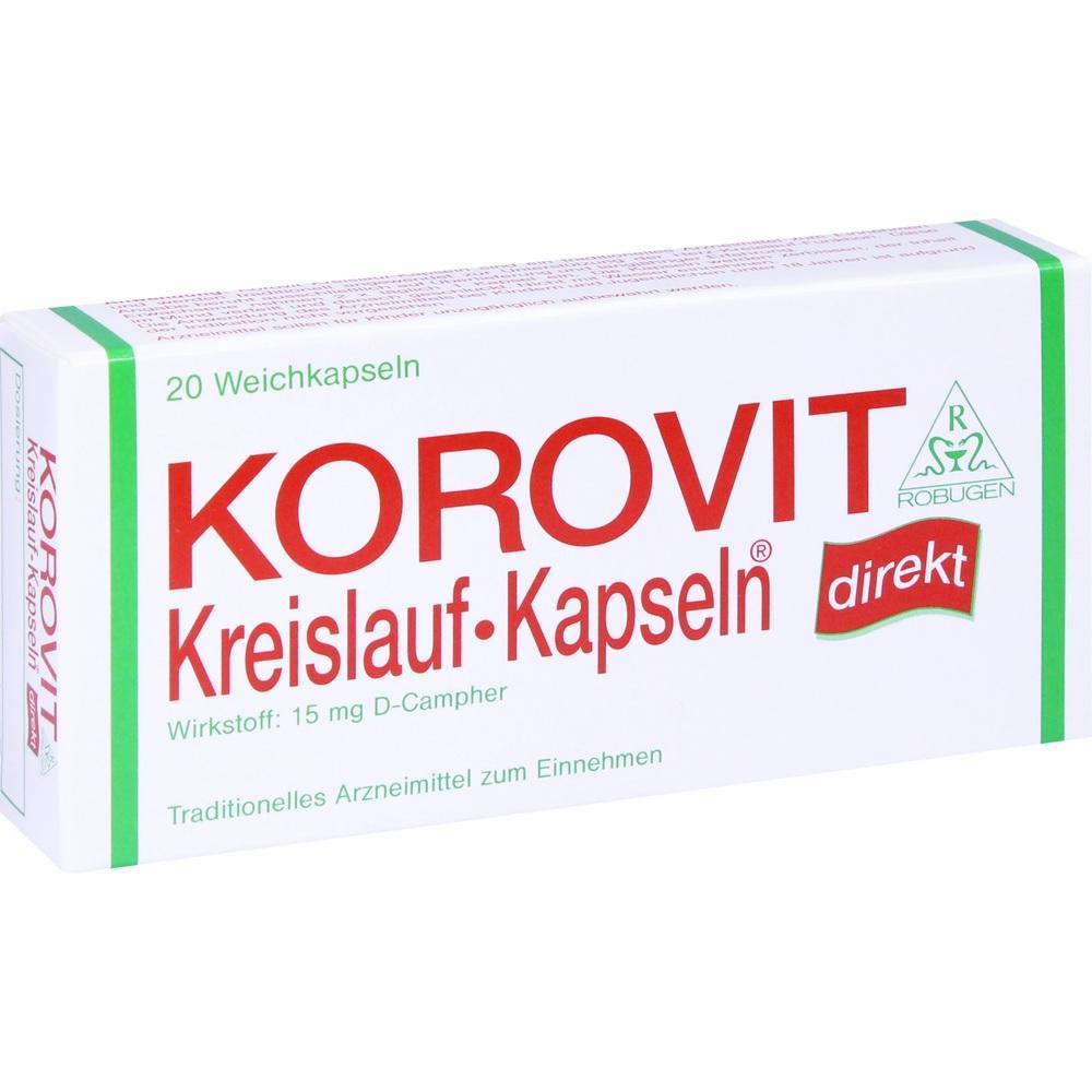 Eine Packung Korovit Kreislauf-Kapseln mit 20 Weichkapseln.