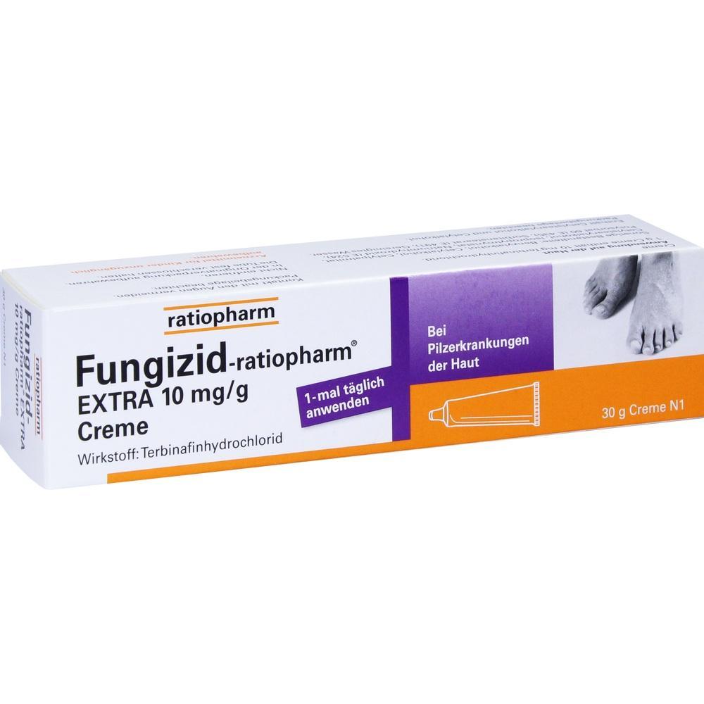 Creme gegen Pilzinfektionen der Haut in einer wei&szlig;en und violetten Schachtel.