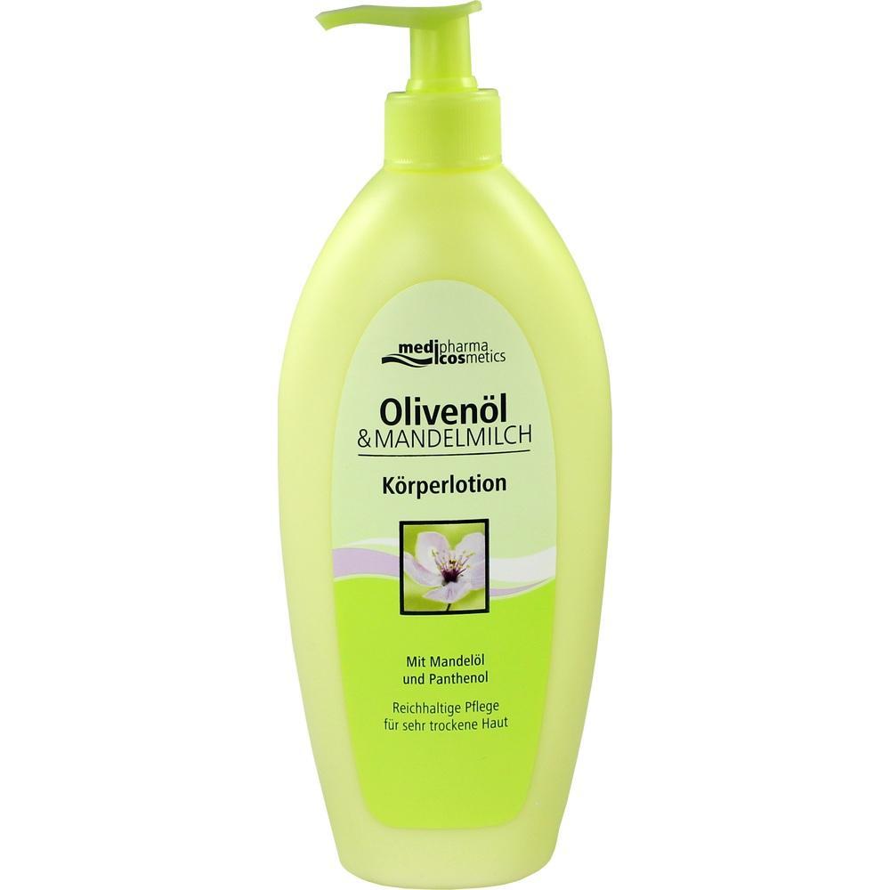 Grüne Flasche mit Olivenöl und Mandelmilch Körperlotion für trockene Haut.