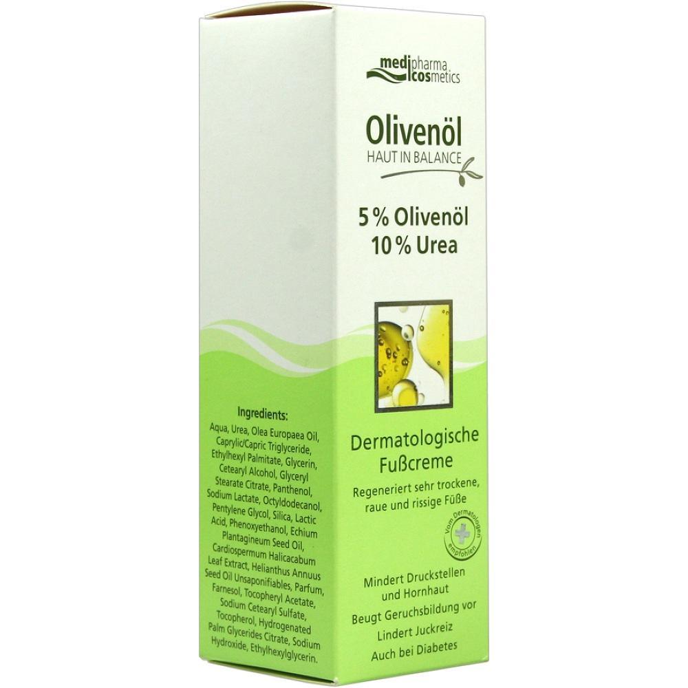 Weiße Schachtel mit Olivenöl-Fußcreme, geeignet für sehr trockene Füße.