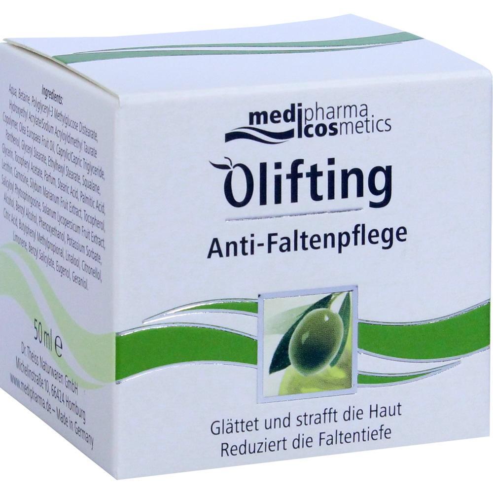 Die Verpackung zeigt eine Anti-Falten-Creme mit Olivenöl-Extrakt.