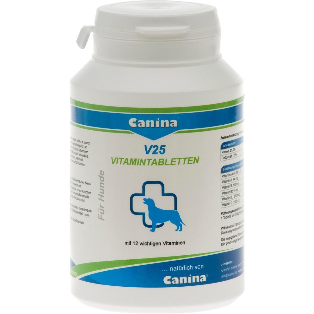 Wei&szlig;e Dose mit Vitamintabletten f&uuml;r Hunde, Beschriftung in Blau und Gr&uuml;n.