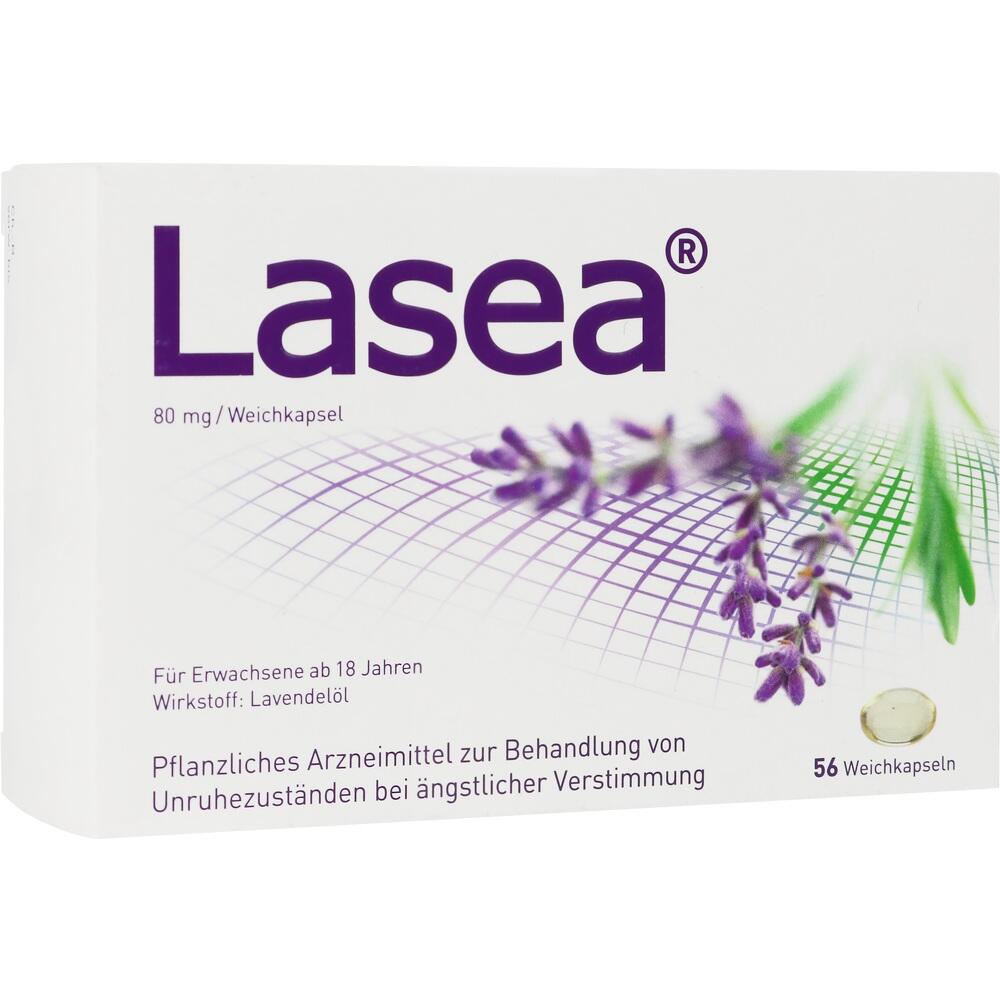 Eine Packung Lasea-Kapseln mit Lavendelzweigen auf dem Karton.