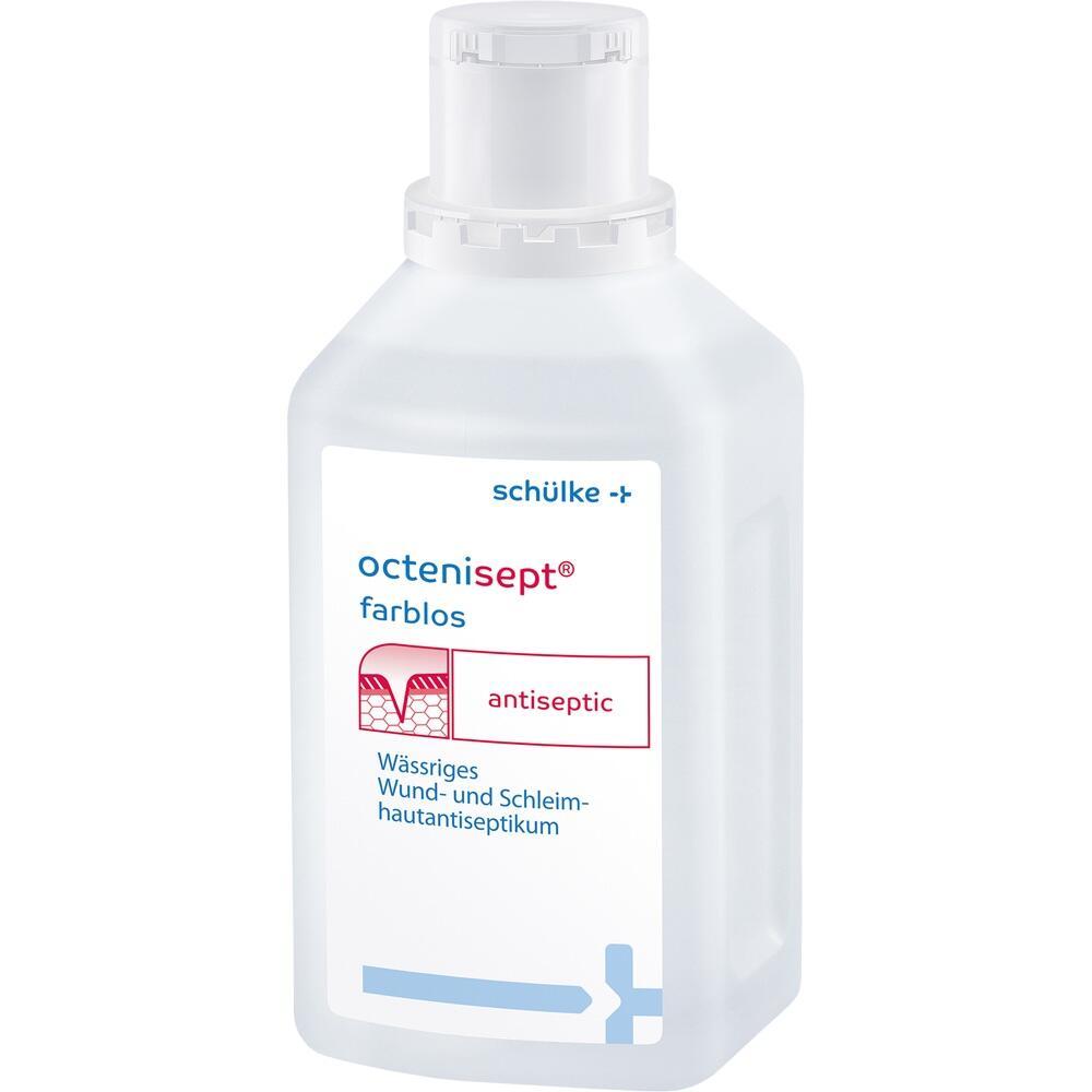 Durchsichtige Flasche mit antiseptischer Flüssigkeit namens Octenisept.