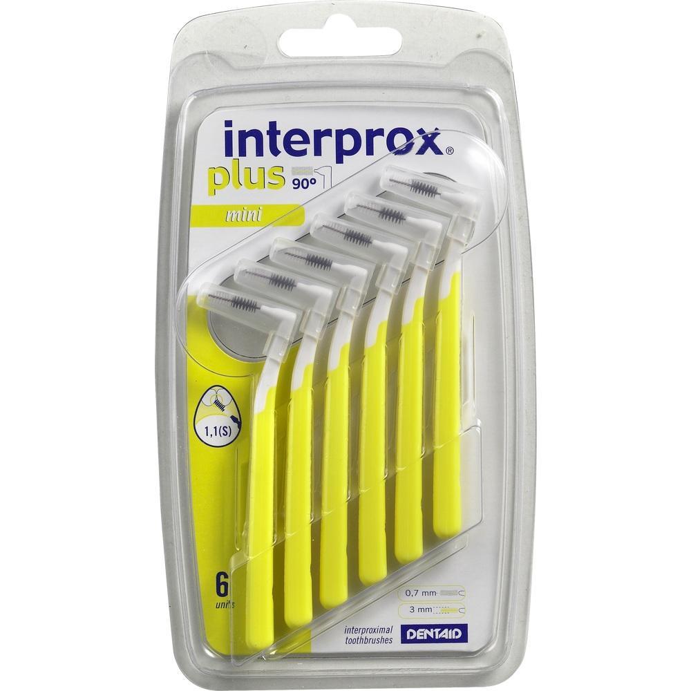 Verpackung mit sechs gelben Interdentalb&uuml;rsten f&uuml;r die Zahnpflege.