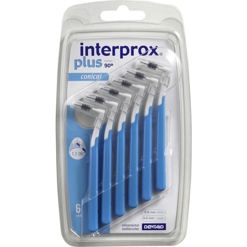 Sechs blaue Interdentalb&uuml;rsten in einer durchsichtigen Verpackung.