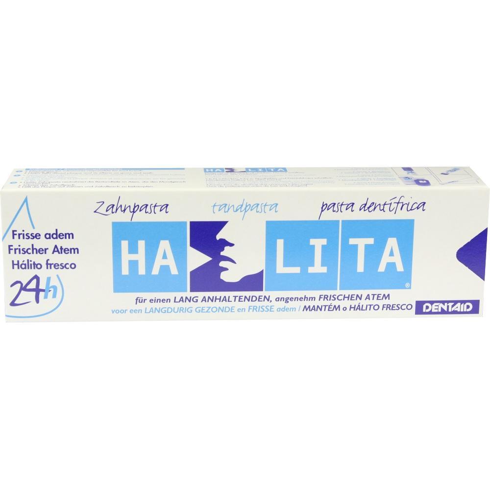 Eine Zahnpastapackung mit dem Namen "Halita" f&uuml;r frischen Atem.
