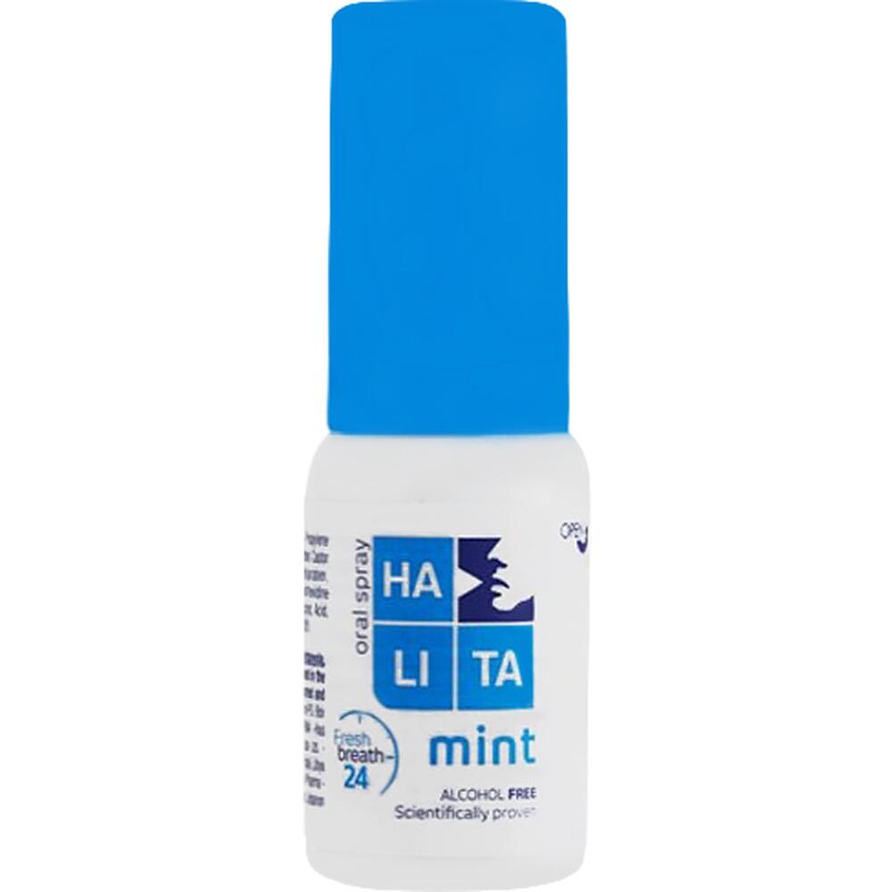 Wei&szlig;e Mundspray-Flasche mit blauem Deckel und "Halita Mint"-Aufschrift.