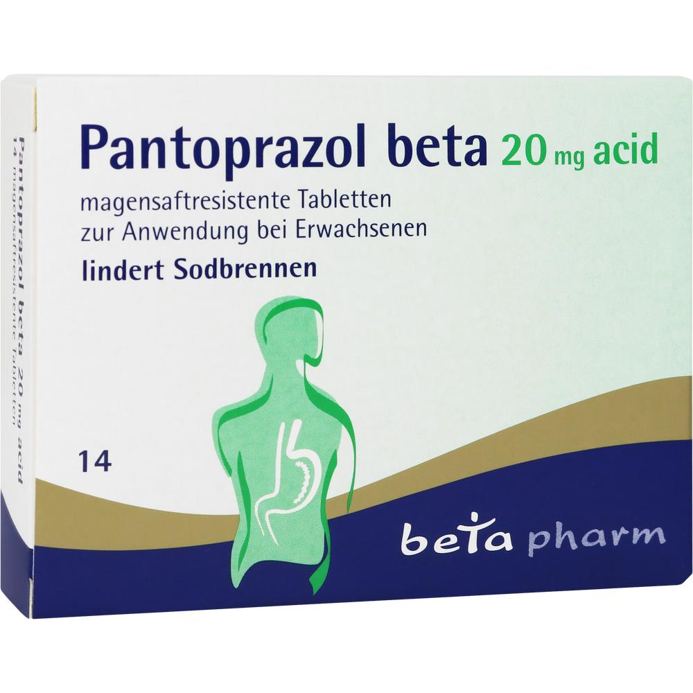 Verpackung von Pantoprazol beta Tabletten zur Linderung von Sodbrennen.