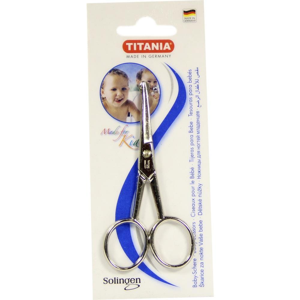 Babyschere auf Pappkarton mit Bildern von l&auml;chelnden Kindern und dem Markennamen Titania.