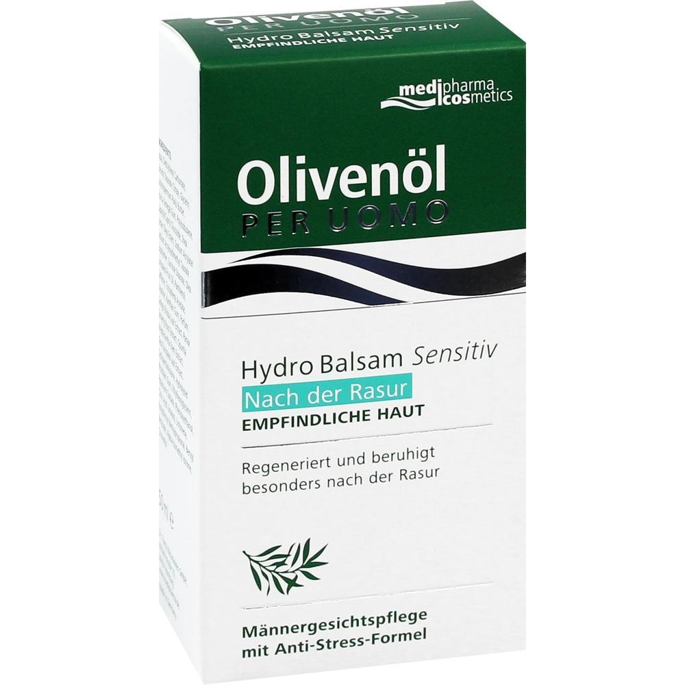 Verpackung eines Oliven&ouml;l-Hydro-Balsams f&uuml;r empfindliche M&auml;nnerhaut nach der Rasur.