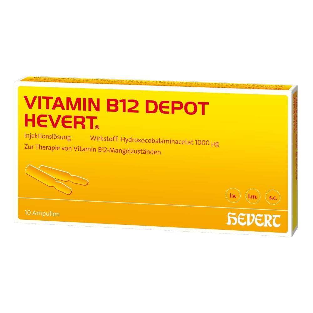 Gelbe Verpackung von Vitamin B12 Depot Injektionsl&ouml;sung mit 10 Ampullen.