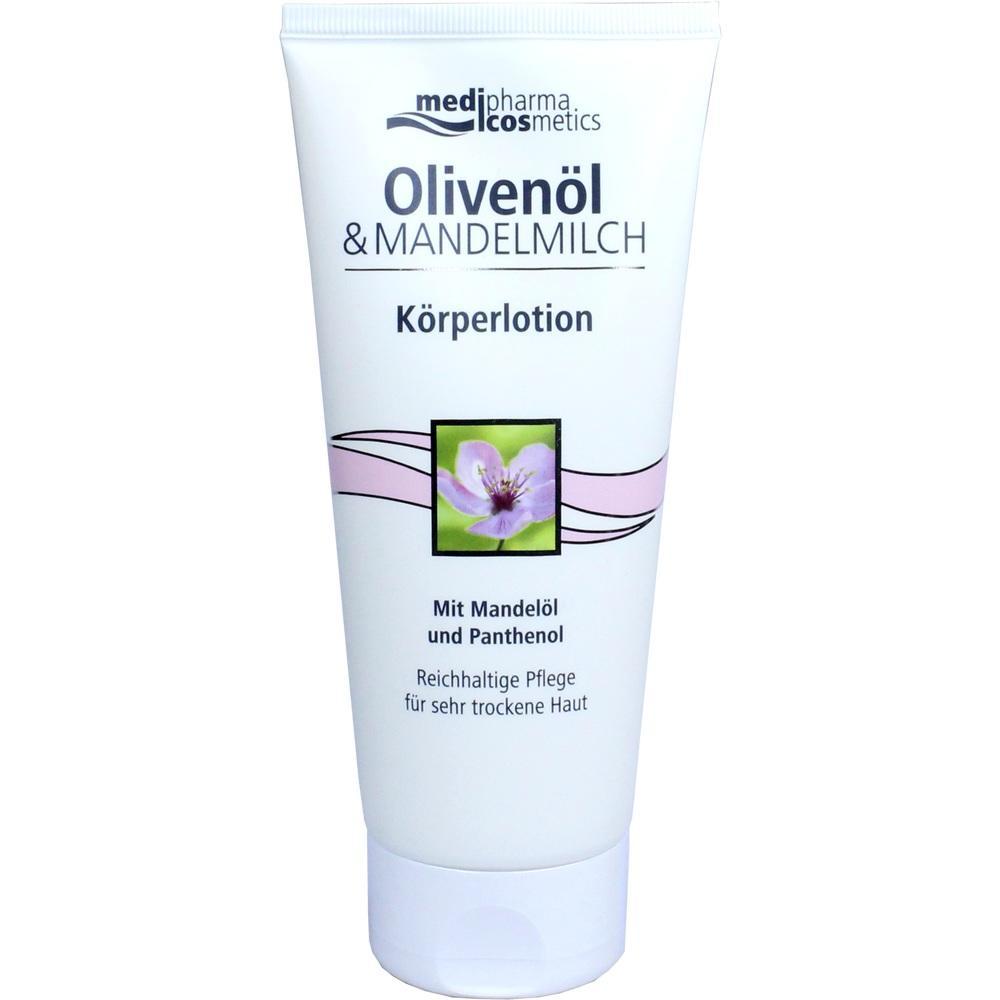 Wei&szlig;e Tube K&ouml;rperlotion mit Oliven&ouml;l und Mandelmilch f&uuml;r trockene Haut.