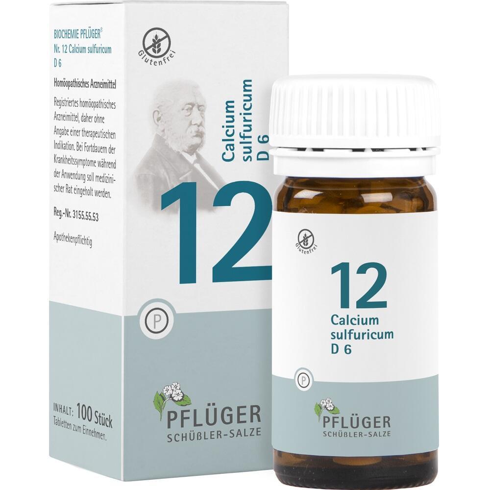 Packung und Flasche von Pfl&uuml;ger Sch&uuml;&szlig;ler-Salz Nr. 12 Calcium sulfuricum.