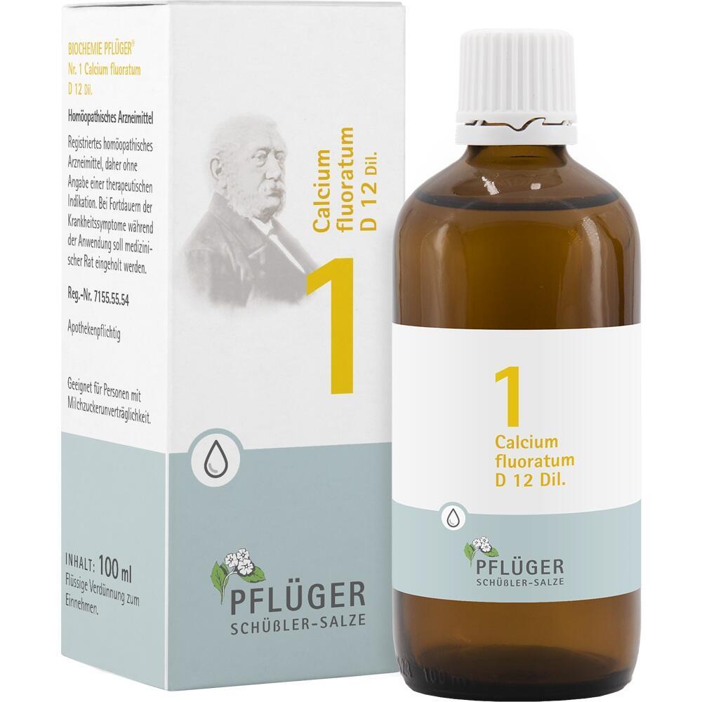 Flasche und Verpackung mit dem Aufdruck "Calcium fluoratum D 12" von Pfl&uuml;ger.
