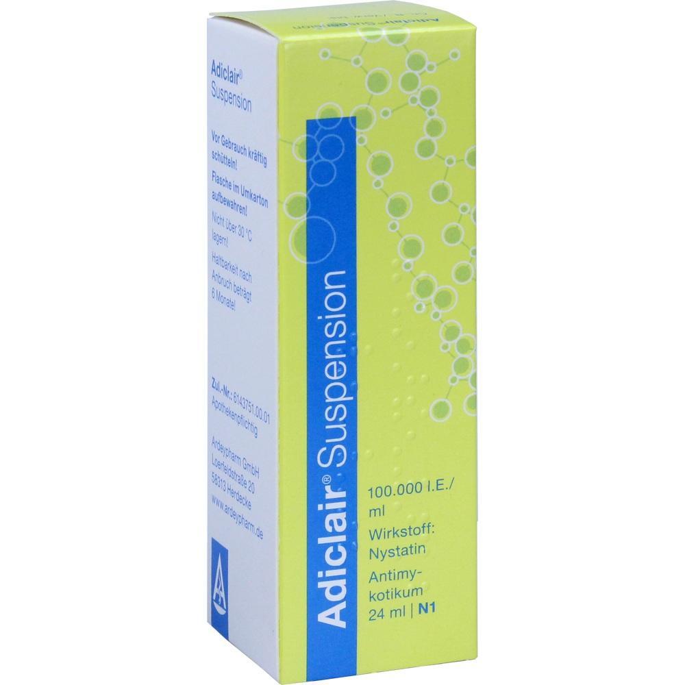 Gelbe Medikamentenverpackung mit blauem Streifen und Aufschrift "Adiclair Suspension".