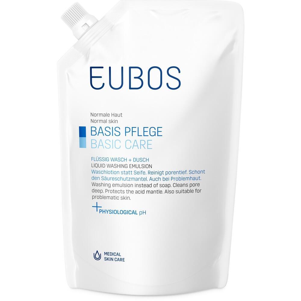 Eine wei&szlig;e Verpackung Eubos Wasch- und Duschlotion f&uuml;r normale Haut.