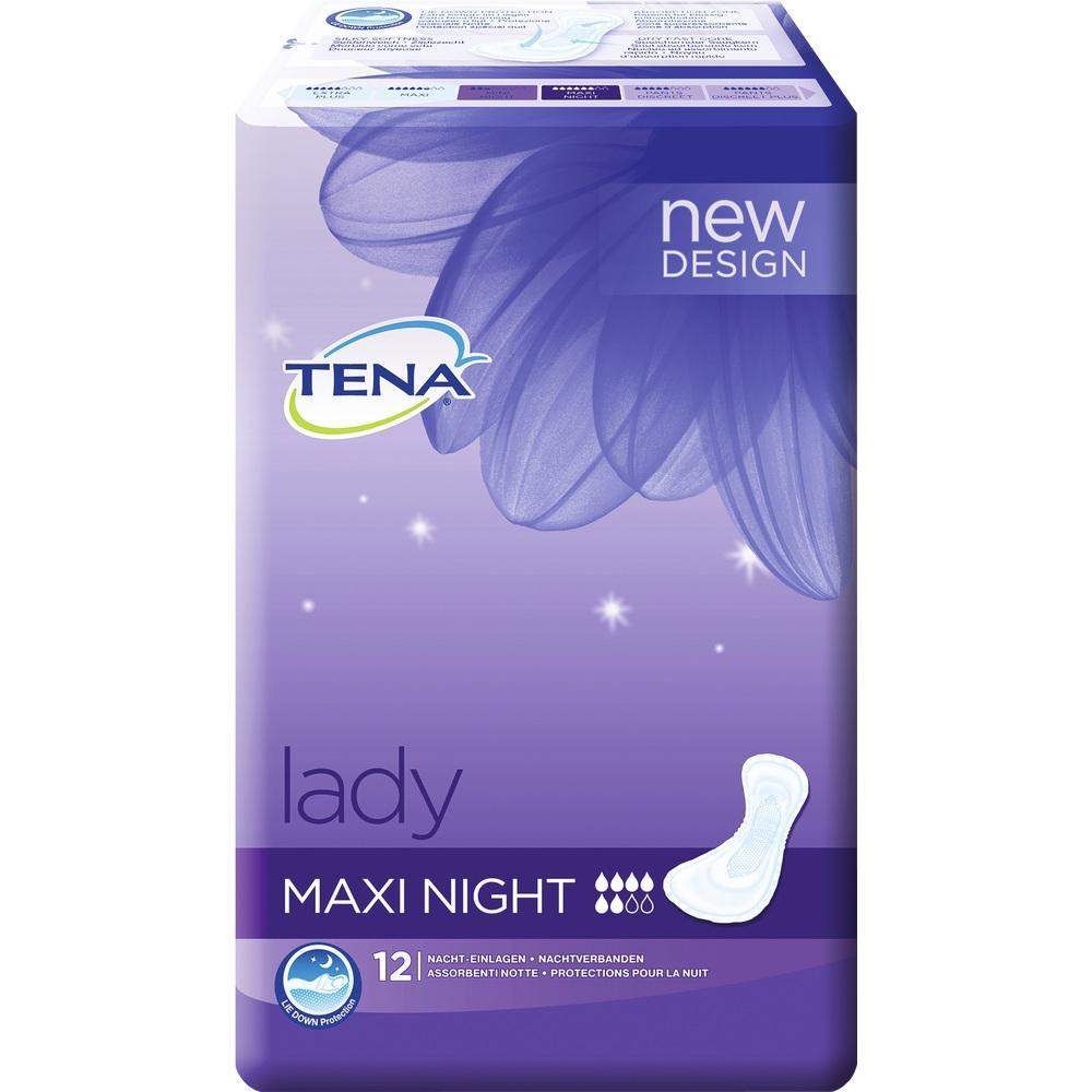 Lila Verpackung von Tena Damen-Nachteinlagen, Maxi Night, neues Design, 12 St&uuml;ck.