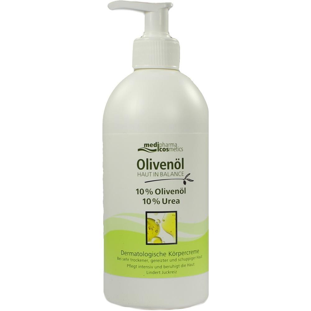 Weiße Flasche mit Olivenöl-Körpercreme und einem Pumpspender oben.