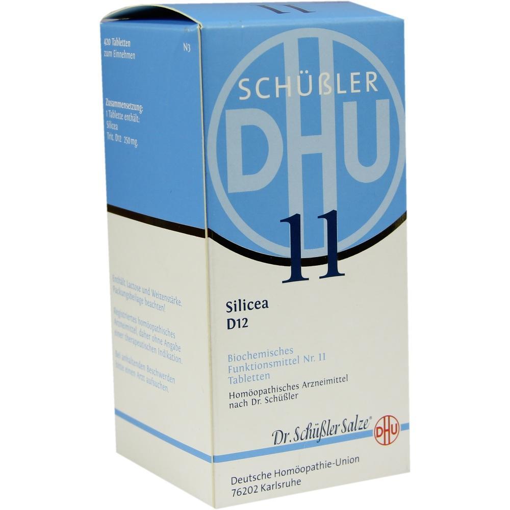 Eine blaue Schachtel mit der Aufschrift "Sch&uuml;&szlig;ler DHU 11 Silicea D12".