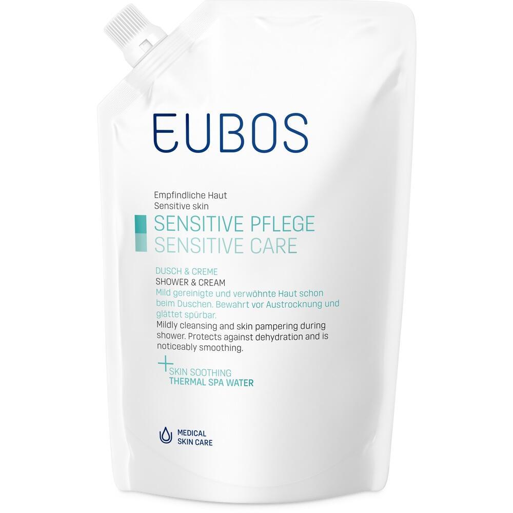 Wei&szlig;er Beutel mit Eubos-Logo, enth&auml;lt Duschcreme f&uuml;r empfindliche Haut.