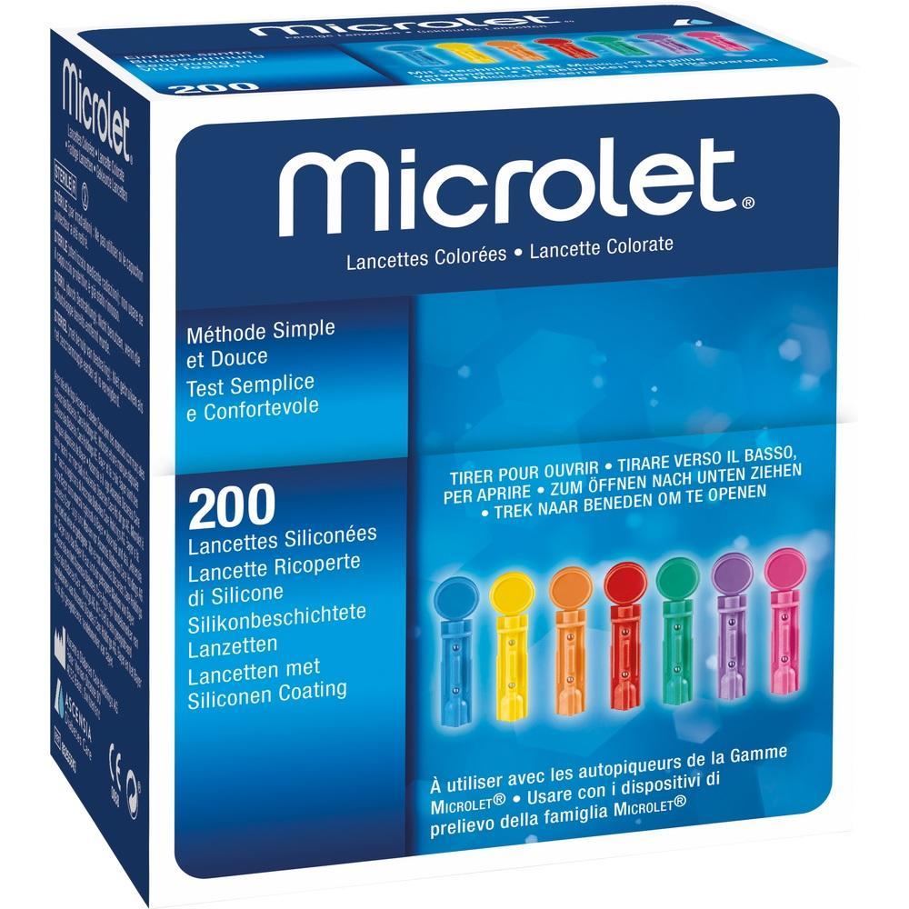 Eine Packung mit 200 bunten Lanzetten der Marke Microlet.