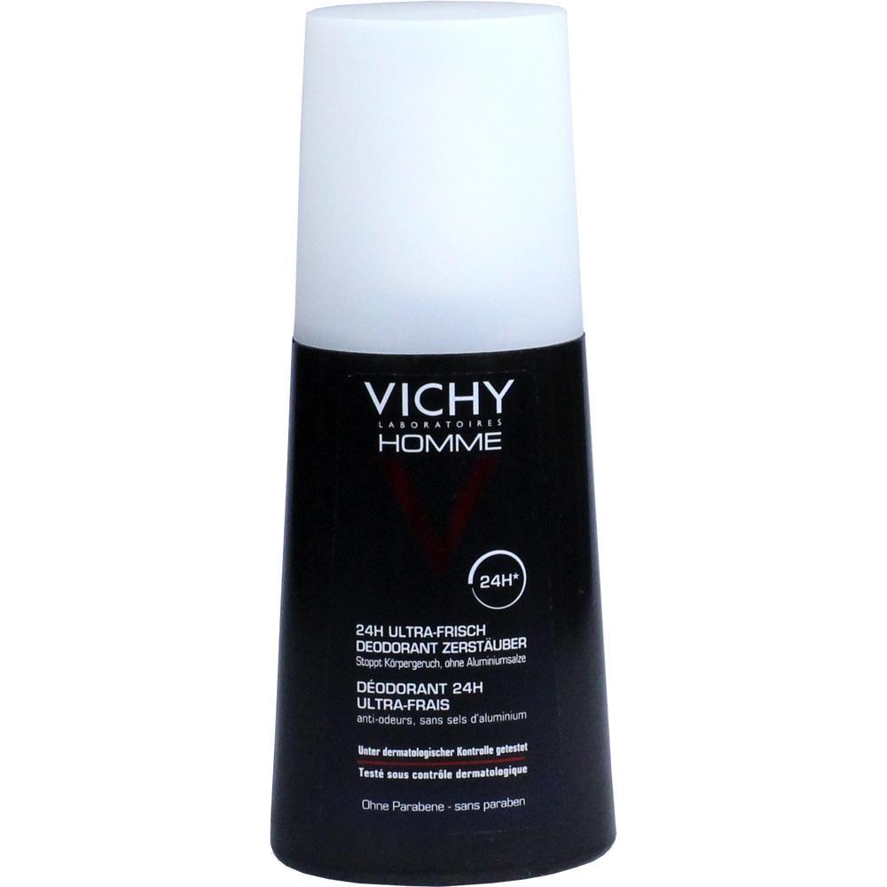 Schwarzes Deodorant-Spray mit wei&szlig;em Deckel, Marke Vichy Homme, f&uuml;r 24 Stunden Frische.
