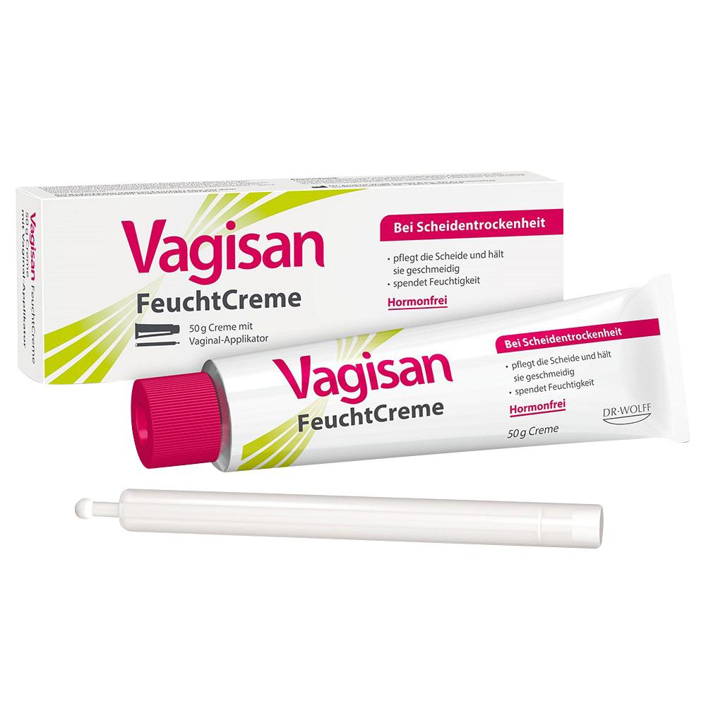 Wei&szlig;e Packung mit rosa-gelbem Text f&uuml;r eine hormonfreie Vaginalcreme.