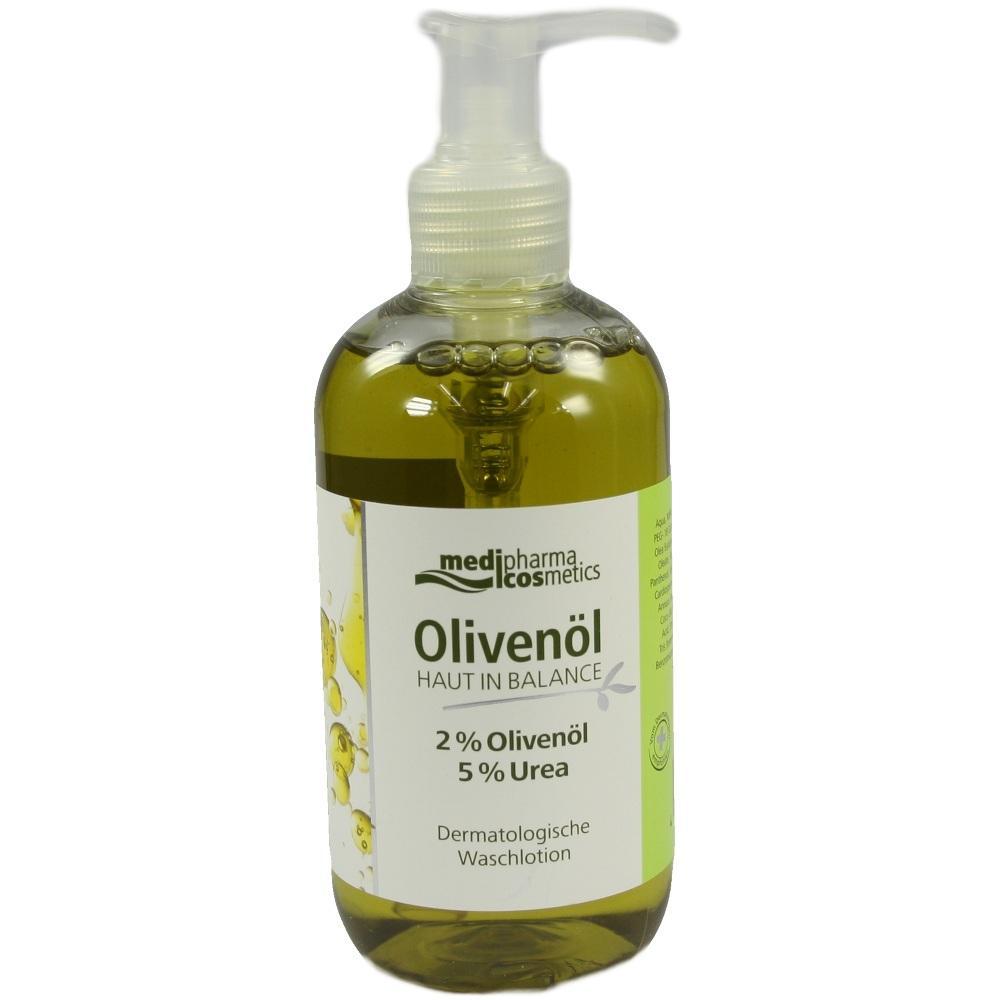 Grüne Flasche mit Olivenöl-Waschlotion und Pumpverschluss.