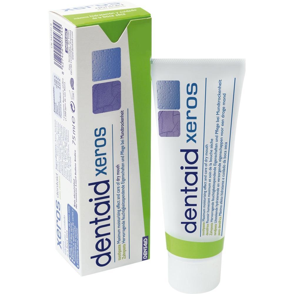 Eine Zahnpasta-Tube und Verpackung mit der Aufschrift "dentaid xeros".