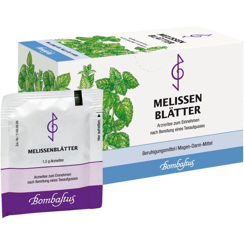 Eine Packung mit Melissenbl&auml;tter-Tee zur Beruhigung von Magen-Darm-Beschwerden.
