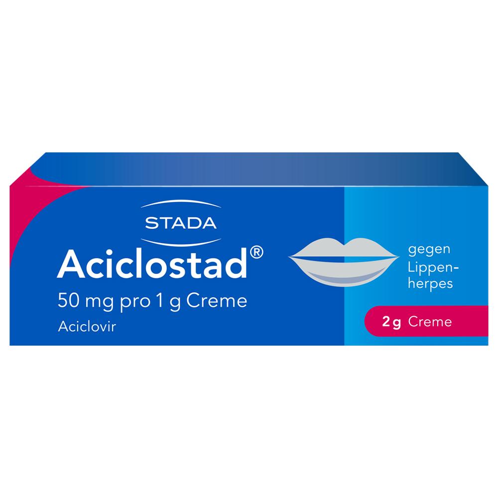 Eine blaue Schachtel Aciclostad Creme gegen Lippenherpes.