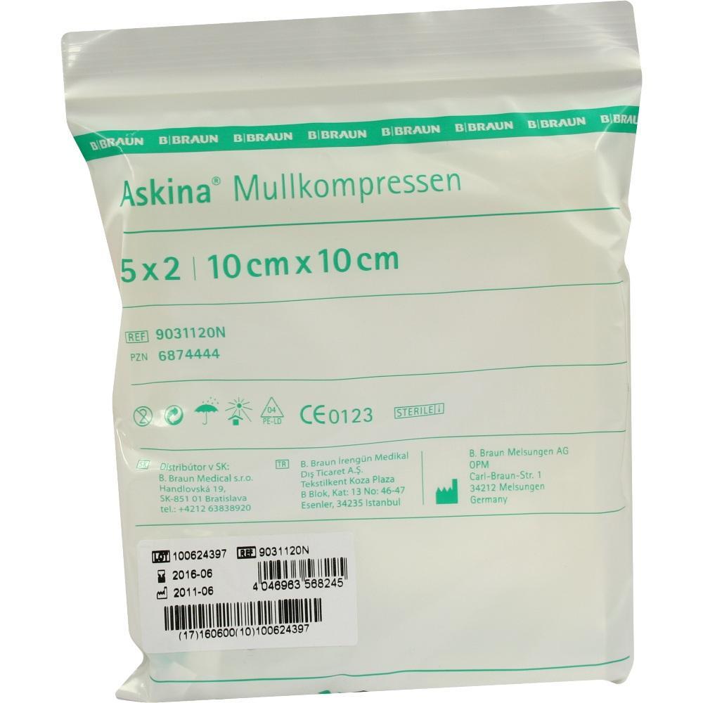Eine Packung mit Mullkompressen der Marke Askina, 10 cm x 10 cm gro&szlig;.