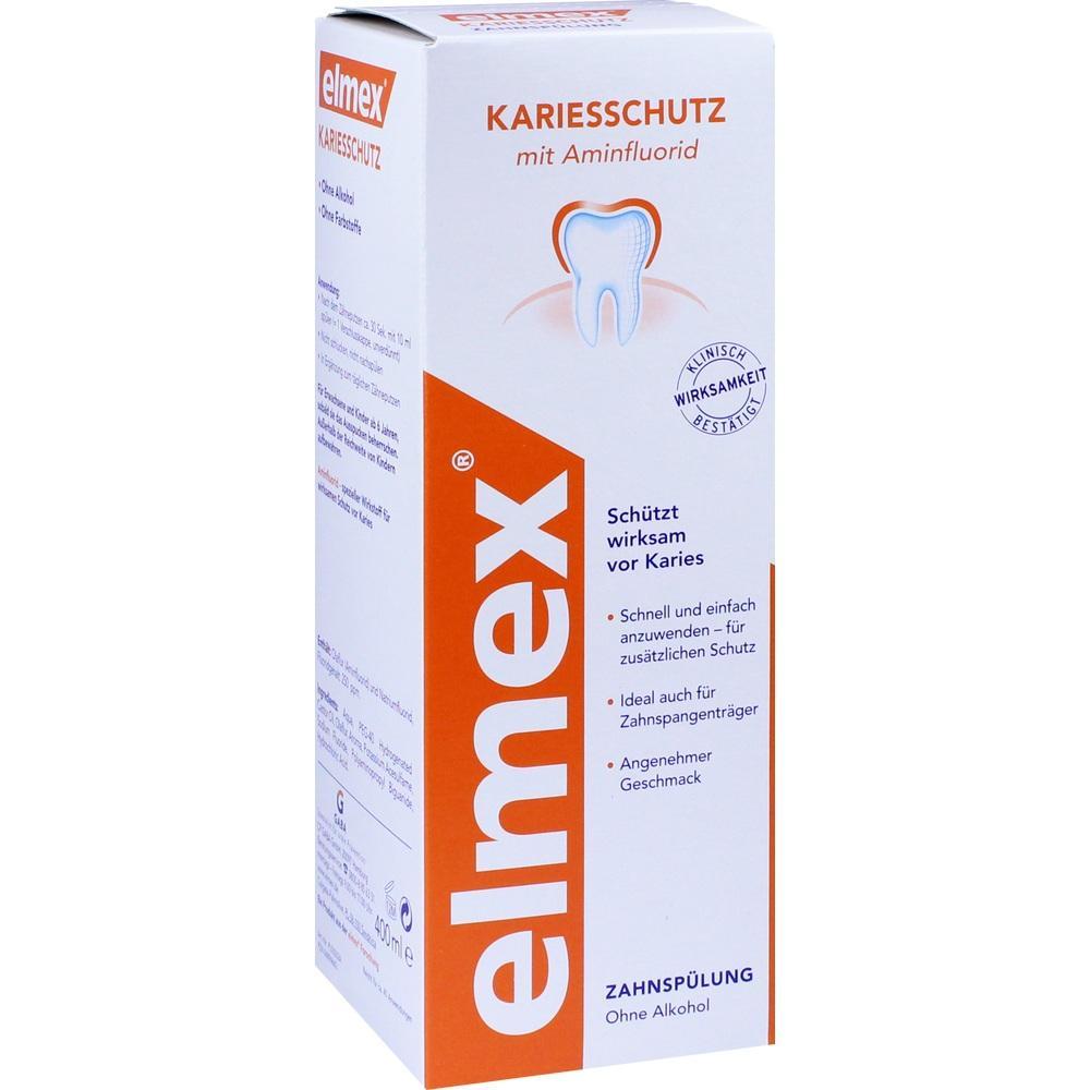 Eine orange-wei&szlig;e Verpackung f&uuml;r Mundsp&uuml;lung, die vor Karies sch&uuml;tzt.