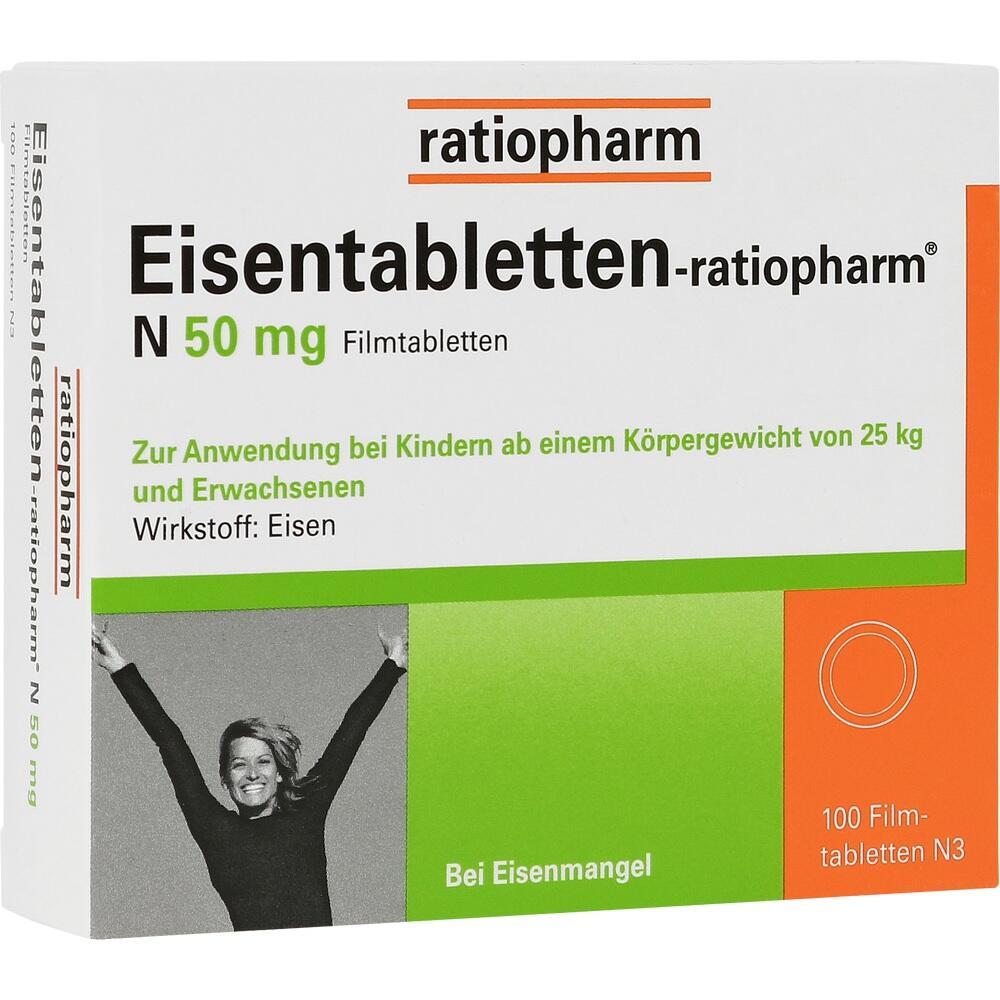 Verpackung von Eisentabletten f&uuml;r Kinder ab 25 kg und Erwachsene bei Eisenmangel.