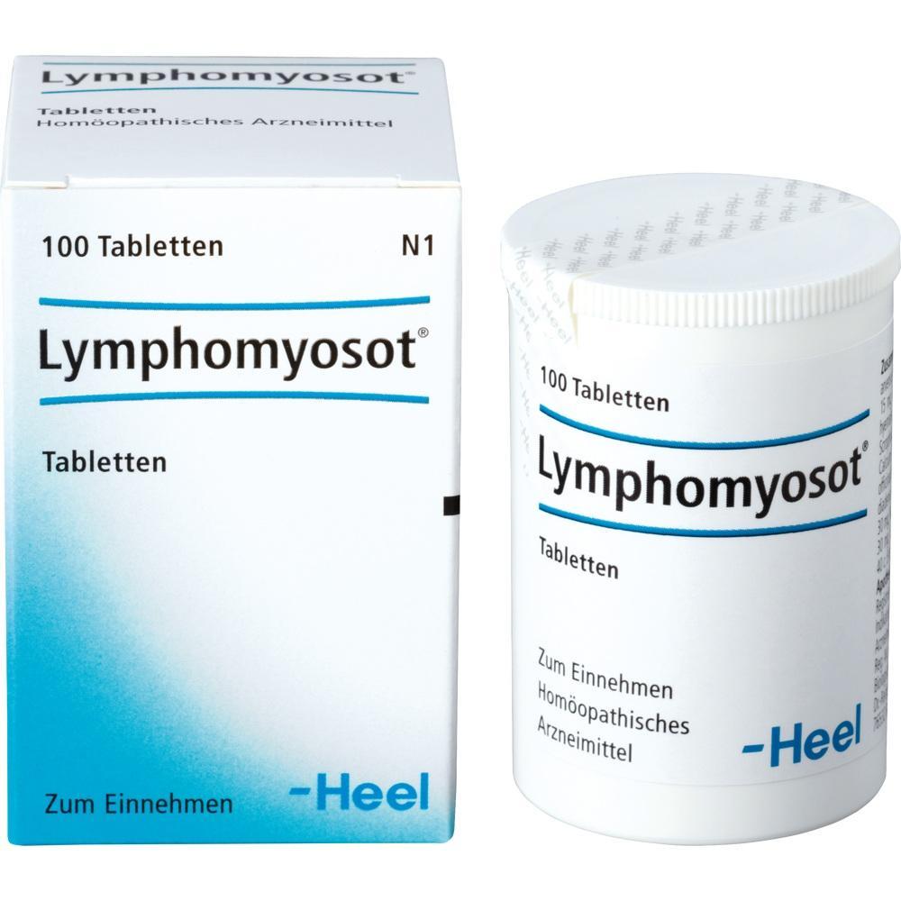 Eine Packung und ein Beh&auml;lter mit Lymphomyosot-Tabletten sind zu sehen.