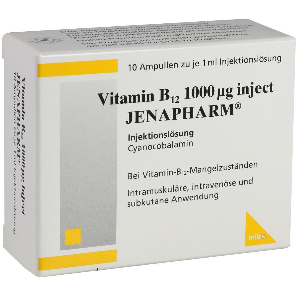 Eine Packung Vitamin-B12-Injektionsl&ouml;sung mit 10 Ampullen.