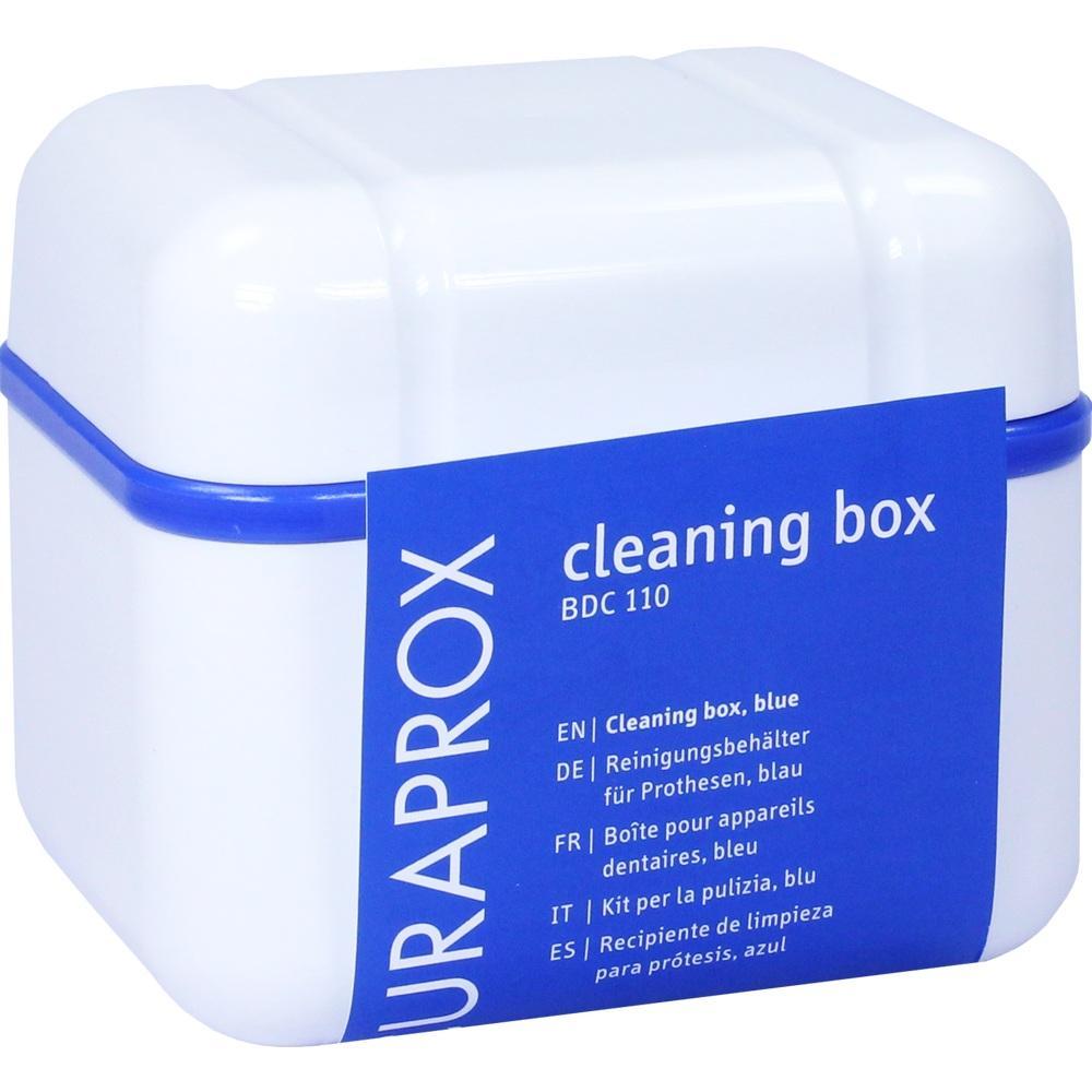 Wei&szlig;e Reinigungsbox mit blauem Etikett f&uuml;r Zahnprothesen.